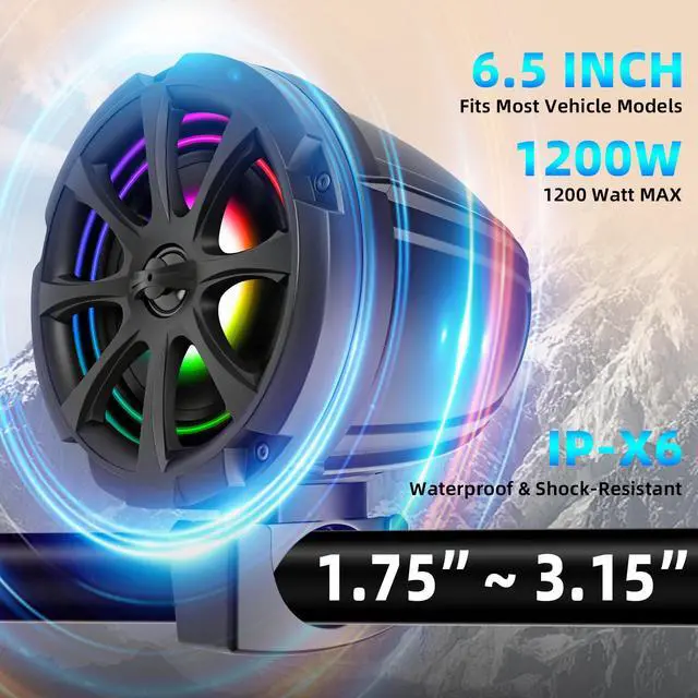 Alt view image 3 of 7 - 1200W 6.5 Inch Marine Speakers, Built-in Bluetooth & Amplifier, IPX6 Waterproof Powered Subwoofers, RGB Lights, 2-Way, Independent Remote Control, Boats Audio System for ATVs, UTVs, Jeeps, Golf Cart
