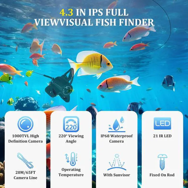 Alt view image 2 of 7 - Underwater Fishing Camera, 4.3 Inch LCD, Infrared Night Vision, Wide Angle IP68 Waterproof Portable Fish Camera for Ice, Lake, Boat & Kayak Fishing (Gold)