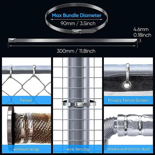 Alt view image 6 of 7 - Metal Zip Ties Heavy Duty 11.8 Inch 304 Stainless Steel Cable Tie | 100 Pcs All-Weather Fastener Straps for Chain Link Fence, Exhaust Wrap & Outdoor Wire Mesh