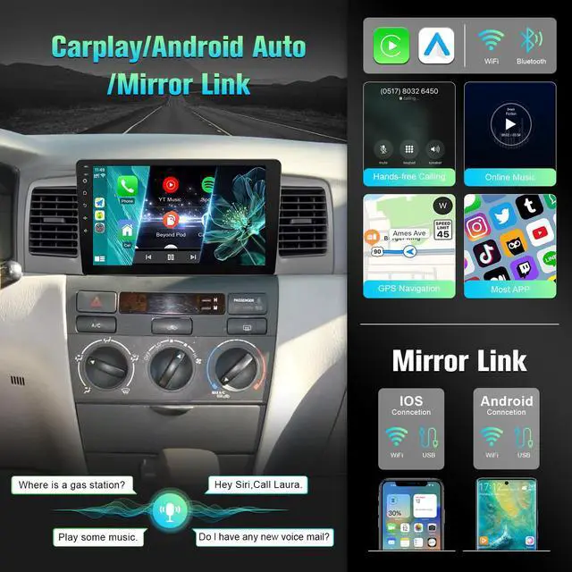 Alt view image 2 of 7 - for Toyota Corolla 2003 2004 2005 2006 2007 2008 Radio with Wireless Carplay Android Auto, 9" Touch Screen Car Stereo for Corolla with in-Dash WiFi, GPS, BT, FM, SWC, Backup Camera - 2+32GB