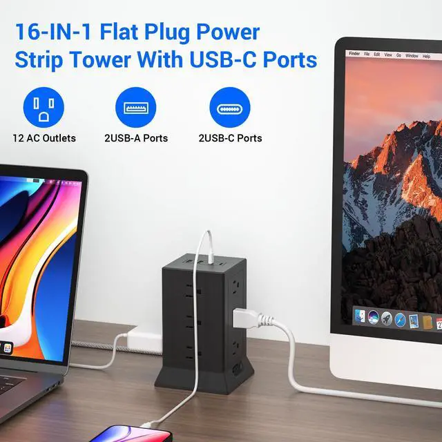 Alt view image 2 of 7 - Power Strip Tower with Multiple Outlets, 10 Ft Extension Cord Flat Plug with 12 AC Outlets 4 USB Ports (2 USB C), Power Tower Surge Protector with Individual Switches for Home Office Dorm Room, Black