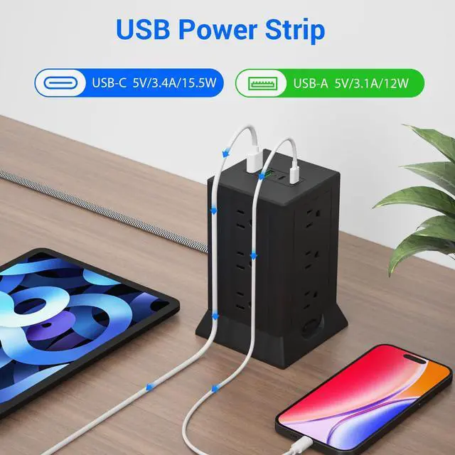 Alt view image 4 of 7 - Power Strip Tower with Multiple Outlets, 10 Ft Extension Cord Flat Plug with 12 AC Outlets 4 USB Ports (2 USB C), Power Tower Surge Protector with Individual Switches for Home Office Dorm Room, Black