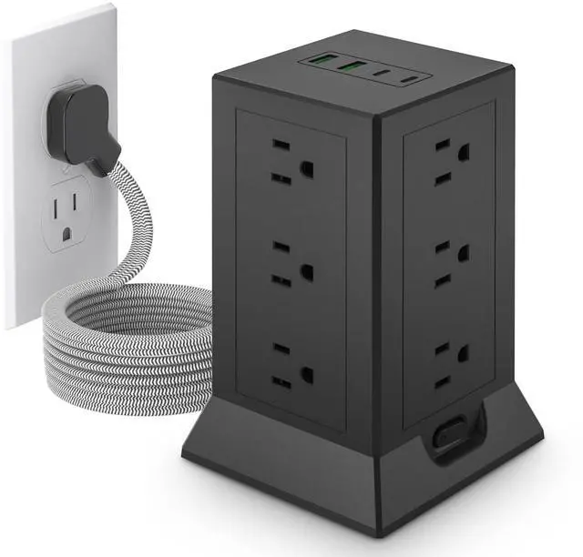 Main image of Power Strip Tower with Multiple Outlets, 10 Ft Extension Cord Flat Plug with 12 AC Outlets 4 USB Ports (2 USB C), Power Tower Surge Protector with Individual Switches for Home Office Dorm Room, Black
