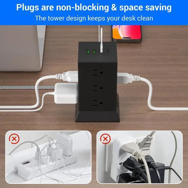 Alt view image 5 of 7 - Power Strip Tower with Multiple Outlets, 10 Ft Extension Cord Flat Plug with 12 AC Outlets 4 USB Ports (2 USB C), Power Tower Surge Protector with Individual Switches for Home Office Dorm Room, Black