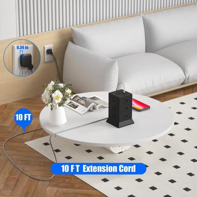 Alt view image 3 of 7 - Power Strip Tower with Multiple Outlets, 10 Ft Extension Cord Flat Plug with 12 AC Outlets 4 USB Ports (2 USB C), Power Tower Surge Protector with Individual Switches for Home Office Dorm Room, Black