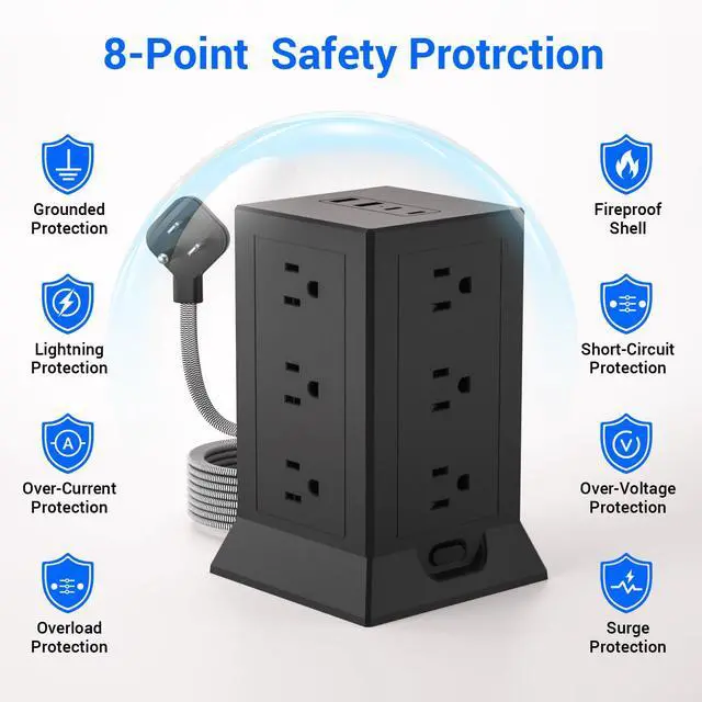 Alt view image 6 of 7 - Power Strip Tower with Multiple Outlets, 10 Ft Extension Cord Flat Plug with 12 AC Outlets 4 USB Ports (2 USB C), Power Tower Surge Protector with Individual Switches for Home Office Dorm Room, Black