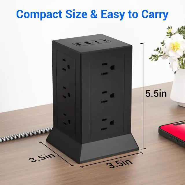 Alt view image 7 of 7 - Power Strip Tower with Multiple Outlets, 10 Ft Extension Cord Flat Plug with 12 AC Outlets 4 USB Ports (2 USB C), Power Tower Surge Protector with Individual Switches for Home Office Dorm Room, Black