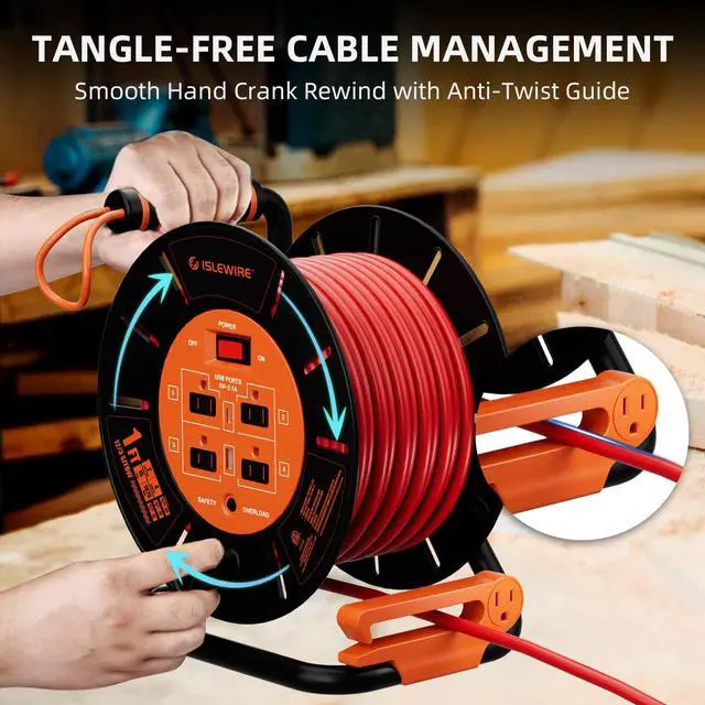 Alt view image 6 of 7 - Extension Cord Storage Reel with 4-Grounded Outlets & 2 USB Ports, Heavy Duty Open Cord Reel for 12/3,14/3,16/3 Gauge Power Cord, Hand Wind Retractable, 15A Circuit Breaker, ETL Listed, Orange