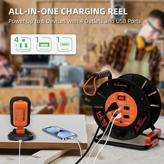 Alt view image 4 of 7 - Extension Cord Storage Reel with 4-Grounded Outlets & 2 USB Ports, Heavy Duty Open Cord Reel for 12/3,14/3,16/3 Gauge Power Cord, Hand Wind Retractable, 15A Circuit Breaker, ETL Listed, Orange