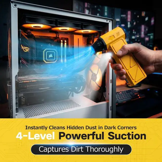 Alt view image 4 of 7 - Compressed Air Duster, Industry-First O-Shaped Air Duct 13-Blade Dual-Layer | 4 Gear 6-in-1 Cordless Electric Mini Blower, Vacuum & Inflator, LED Light & Window Breaker for PC, Car, Home, Outdoor