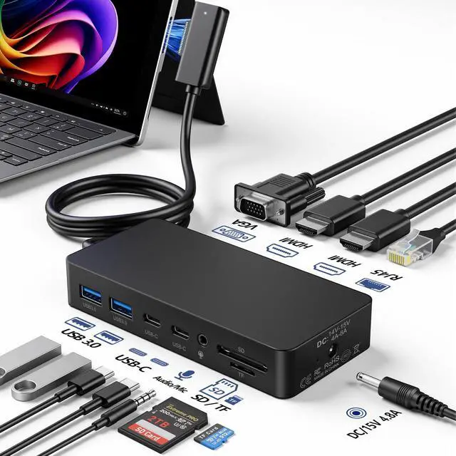 Main image of Surface Docking Station, Triple Display Dual 4K HDMI & VGA 12-in-1 Surface Dock for Surface Pro 11/10/9/8/7/6/5/4/3, Surface Laptop 7/6/5/4, Surface Book/Laptop Go