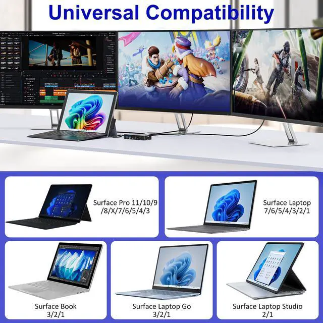 Alt view image 6 of 7 - Surface Docking Station, Triple Display Dual 4K HDMI & VGA 12-in-1 Surface Dock for Surface Pro 11/10/9/8/7/6/5/4/3, Surface Laptop 7/6/5/4, Surface Book/Laptop Go