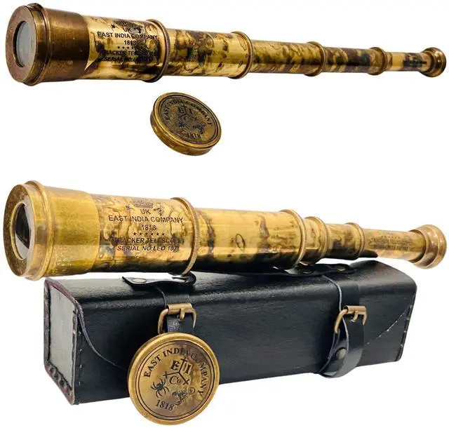 Main image of Rare Brass Telescope Spyglass - East India Company 1818 Tracker Vintage Pirate Spyglass Scope Antique Large Handstitched Leather Gift Box (BT-EIC17)