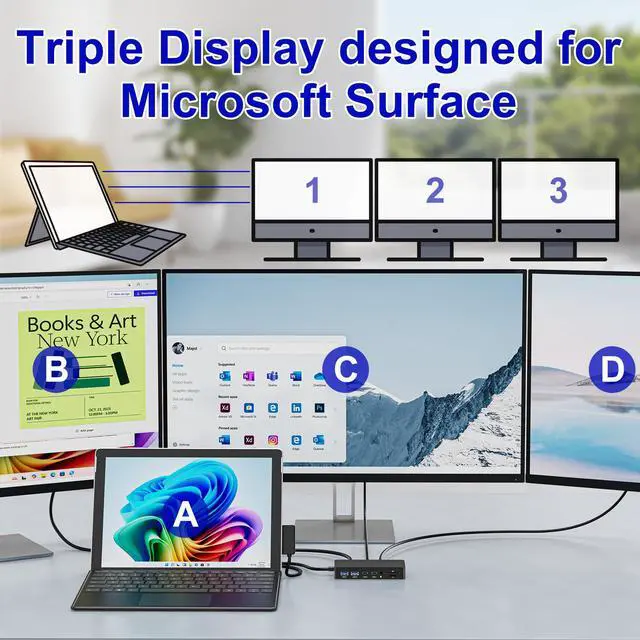 Alt view image 4 of 7 - Surface Docking Station, Triple Display Dual 4K HDMI & VGA 12-in-1 Surface Dock for Surface Pro 11/10/9/8/7/6/5/4/3, Surface Laptop 7/6/5/4, Surface Book/Laptop Go
