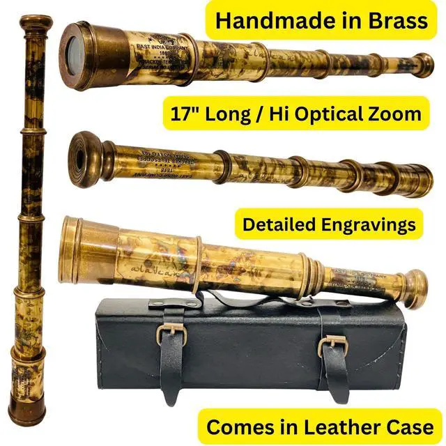 Alt view image 2 of 6 - Rare Brass Telescope Spyglass - East India Company 1818 Tracker Vintage Pirate Spyglass Scope Antique Large Handstitched Leather Gift Box (BT-EIC17)