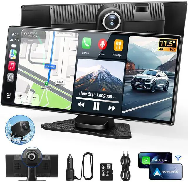 Main image of 11.5" Wireless Apple CarPlay Screen for Car, Portable Car Play & Android Auto Touch Screen Car Stereo with App Control, 4K Dash Cam 1080P Backup Camera, GPS, Voice Control, Mirror Link FM All Vehicles