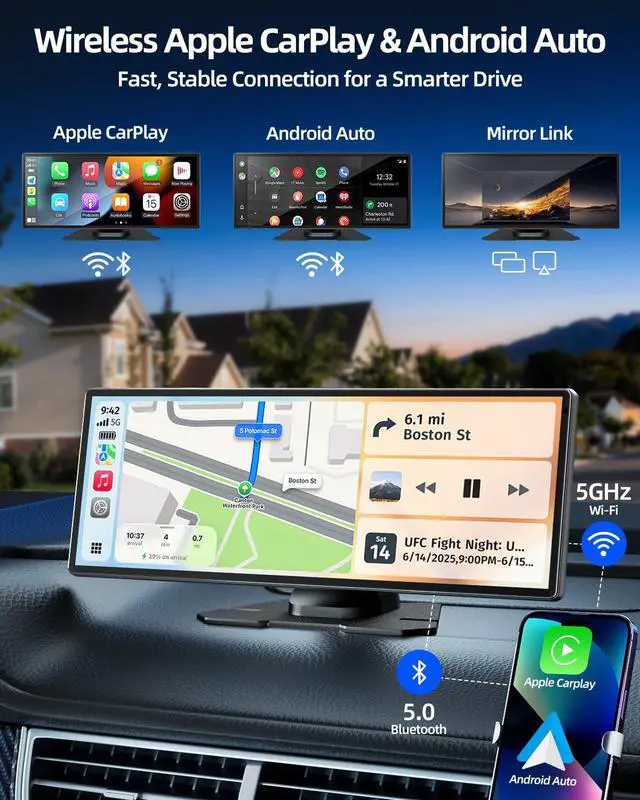 Alt view image 2 of 7 - 11.5" Wireless Apple CarPlay Screen for Car, Portable Car Play & Android Auto Touch Screen Car Stereo with App Control, 4K Dash Cam 1080P Backup Camera, GPS, Voice Control, Mirror Link FM All Vehicles