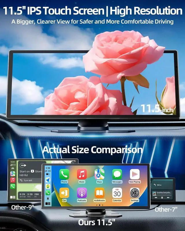 Alt view image 5 of 7 - 11.5" Wireless Apple CarPlay Screen for Car, Portable Car Play & Android Auto Touch Screen Car Stereo with App Control, 4K Dash Cam 1080P Backup Camera, GPS, Voice Control, Mirror Link FM All Vehicles