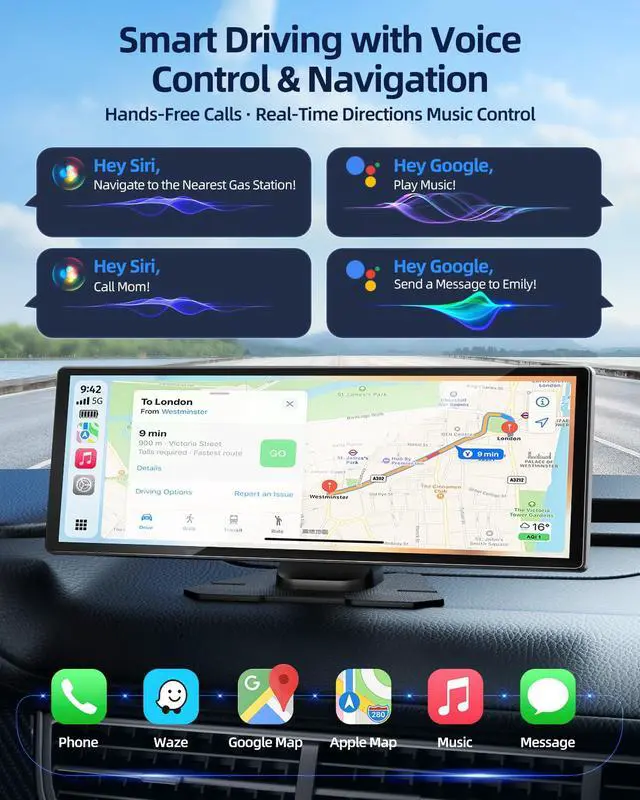Alt view image 4 of 7 - 11.5" Wireless Apple CarPlay Screen for Car, Portable Car Play & Android Auto Touch Screen Car Stereo with App Control, 4K Dash Cam 1080P Backup Camera, GPS, Voice Control, Mirror Link FM All Vehicles