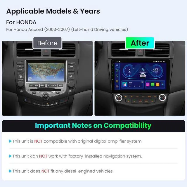 Alt view image 2 of 7 - 10.1" Android 14 Car Stereo for Honda Accord 7th 2003-2007 (4+64GB) | 4GB 64GB, IPS Touchscreen, Octa Core, Wireless CarPlay, 4G LTE, Dual WiFi, DSP 4x45W, GPS, AHD Camera, AC Display