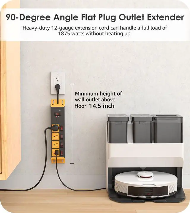 Alt view image 5 of 7 - 20 Amp Individual Switches Outlet Extender, 12 Gauge Short Flat Extension Cord, Kitchen, Travel, Garage, Industrial Heavy Duty Power Strip Surge Protector. 0.2FT, Yellow