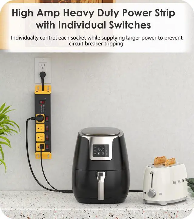 Alt view image 3 of 7 - 20 Amp Individual Switches Outlet Extender, 12 Gauge Short Flat Extension Cord, Kitchen, Travel, Garage, Industrial Heavy Duty Power Strip Surge Protector. 0.2FT, Yellow