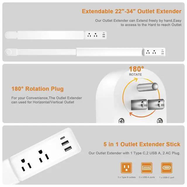 Alt view image 4 of 7 - Outlet Extender, Electrical Outlet Extender Stick 22-34" Extendable 180° Rotating Wall Charger, USB C Power Socket Expander with 2 AC, 2 USB-A & 1 USB-C for Home Office Behind Couch