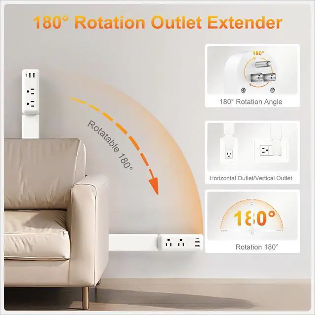 Alt view image 3 of 7 - Outlet Extender, Electrical Outlet Extender Stick 22-34" Extendable 180° Rotating Wall Charger, USB C Power Socket Expander with 2 AC, 2 USB-A & 1 USB-C for Home Office Behind Couch