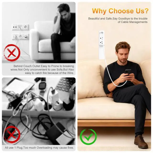 Alt view image 6 of 7 - Outlet Extender, Electrical Outlet Extender Stick 22-34" Extendable 180° Rotating Wall Charger, USB C Power Socket Expander with 2 AC, 2 USB-A & 1 USB-C for Home Office Behind Couch