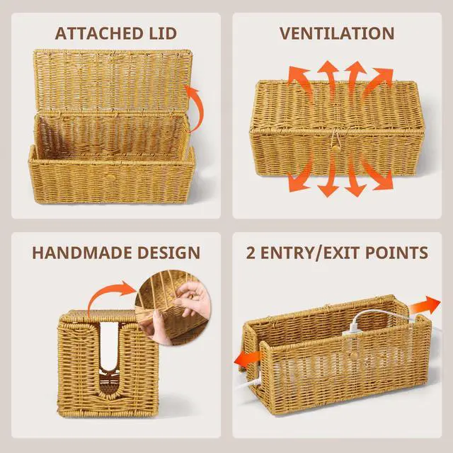 Alt view image 5 of 7 - Cable Management Box, Handwoven Synthetic Rattan Cable Organizer, 2 Side Open Slots Cords Hider Box, Under Desk Cord Organizer for USB Wire, TV PC Charger & Power Strip, Natural