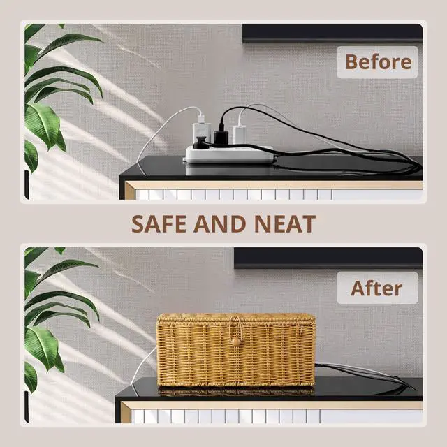Alt view image 4 of 7 - Cable Management Box, Handwoven Synthetic Rattan Cable Organizer, 2 Side Open Slots Cords Hider Box, Under Desk Cord Organizer for USB Wire, TV PC Charger & Power Strip, Natural