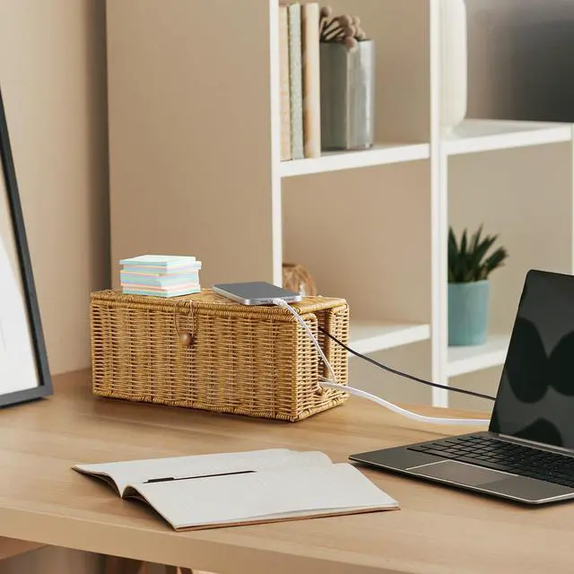 Alt view image 6 of 7 - Cable Management Box, Handwoven Synthetic Rattan Cable Organizer, 2 Side Open Slots Cords Hider Box, Under Desk Cord Organizer for USB Wire, TV PC Charger & Power Strip, Natural