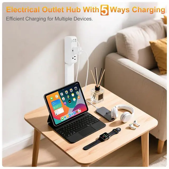 Alt view image 7 of 7 - Outlet Extender, Electrical Outlet Extender Stick 22-34" Extendable 180° Rotating Wall Charger, USB C Power Socket Expander with 2 AC, 2 USB-A & 1 USB-C for Home Office Behind Couch
