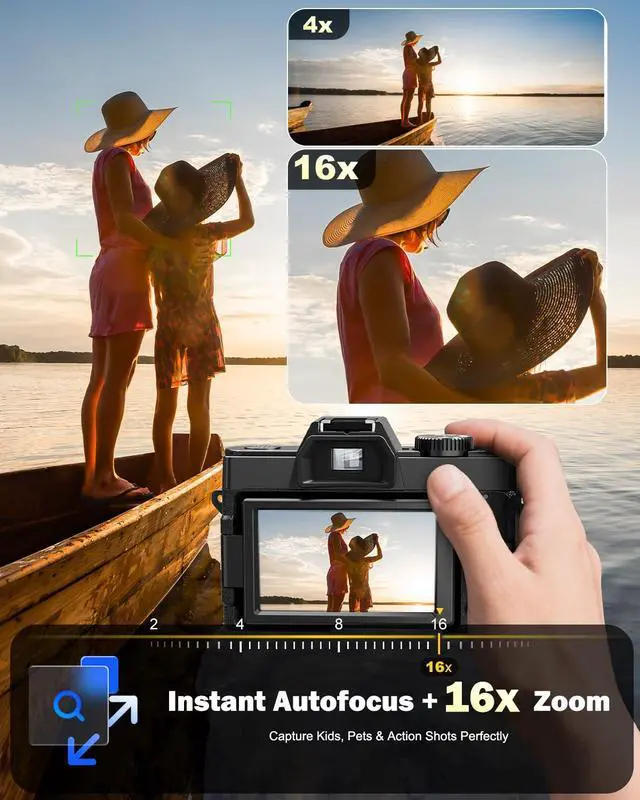 Alt view image 2 of 7 - 8K Digital Cameras for Photography,64MP Camara Fotograficas,Travel Vlogging Cameras for YouTube with 180°Flip Screen,16X Digital Zoom,2 Batteries,32GB TF Card,52mm Macro Lens (Black)