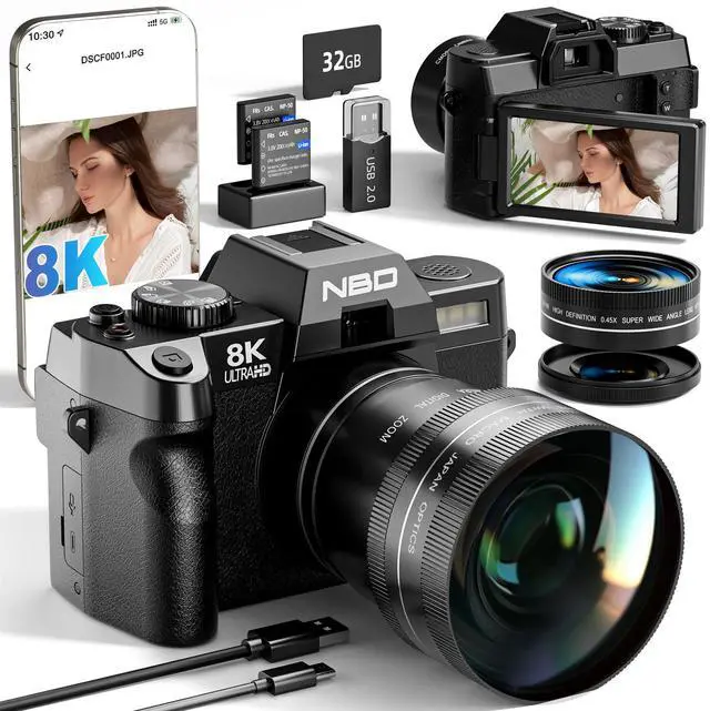 Main image of 8K Digital Cameras for Photography,64MP Camara Fotograficas,Travel Vlogging Cameras for YouTube with 180°Flip Screen,16X Digital Zoom,2 Batteries,32GB TF Card,52mm Macro Lens (Black)