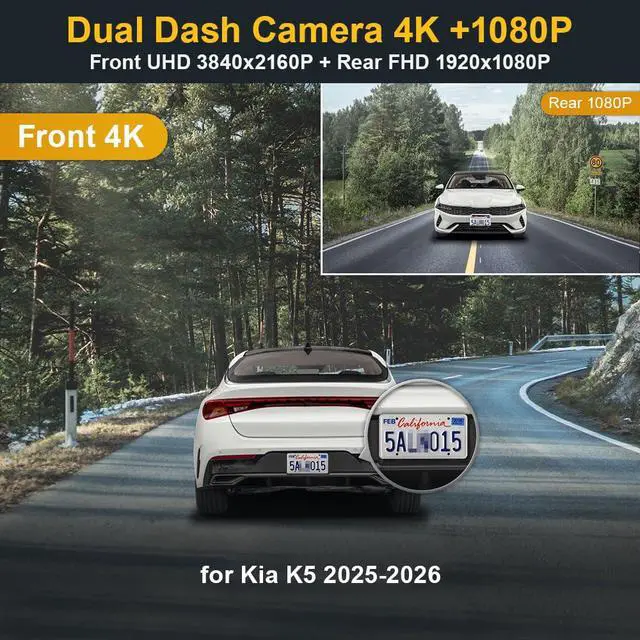 Alt view image 2 of 7 - Front 2160P+Rear 1080P Dash Cam Adapts for Kia K5 2025-2026 (Part No#L2500) LXS GT-Line EX GT, OEM Factory Look, 2 Way HD Video, WiFi & APP, Loop Recording, G-Sensor, Easy to Set, 128GB Card