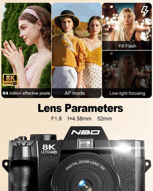 Alt view image 6 of 7 - 8K Digital Cameras for Photography,64MP Camara Fotograficas,Travel Vlogging Cameras for YouTube with 180°Flip Screen,16X Digital Zoom,2 Batteries,32GB TF Card,52mm Macro Lens (Black)