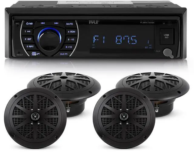 Main image of Marine Head Unit Receiver Speaker Kit - In-Dash LCD Digital Stereo Built-in Bluetooth & Microphone w/ AM FM Radio System 6.5 Waterproof Speakers (4) MP3/SD Readers & Remote Control -PLMRKT48BK