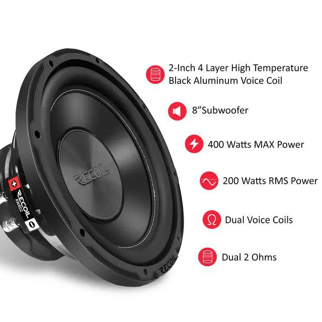 Alt view image 3 of 6 - RW8D2 8 Inch 400W Power Dual 2 Ohm Voice Coil Car Audio Subwoofer | 2" Black-Coated 4 Layer High Temperature Voice Coil, Competition Grade Pressed Paper Cone