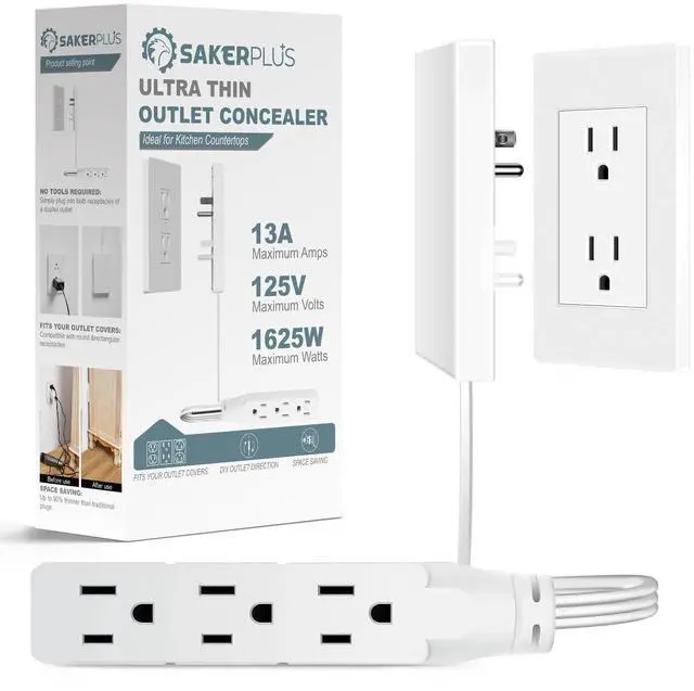 Main image of Outlet Concealer Power Strip Baby Proof, 5ft Ultra Flat Plug Cord | Ultra-thin Outlet Cover Extender with 3 AC Outlets, 1625W Power, Child & Pet safe for Kitchen, Home Office, and Tight Spaces