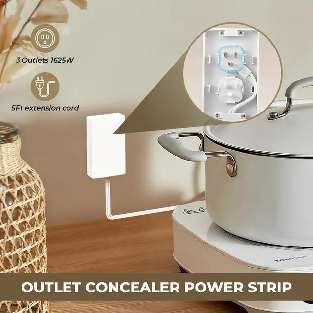 Alt view image 3 of 5 - Outlet Concealer Power Strip Baby Proof, 5ft Ultra Flat Plug Cord | Ultra-thin Outlet Cover Extender with 3 AC Outlets, 1625W Power, Child & Pet safe for Kitchen, Home Office, and Tight Spaces