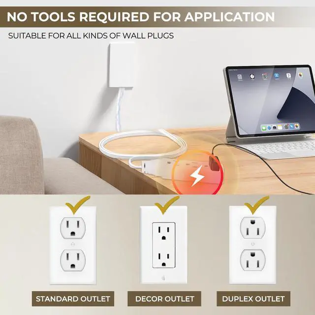 Alt view image 4 of 5 - Outlet Concealer Power Strip Baby Proof, 5ft Ultra Flat Plug Cord | Ultra-thin Outlet Cover Extender with 3 AC Outlets, 1625W Power, Child & Pet safe for Kitchen, Home Office, and Tight Spaces