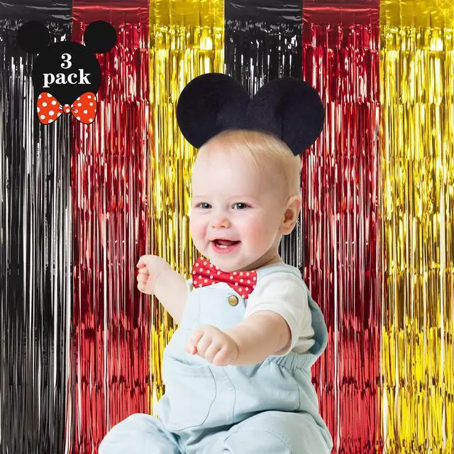 Alt view image 2 of 7 - Cartoon Mouse Foil Fringe Curtains, 3Pcs Mouse Birthday Party Decorations | Black Red Gold Birthday Party Backdrop, 3.3x6.6 ft Cute Mouse Photo Booth Props Metallic Backdrop Streamers for Boys Baby