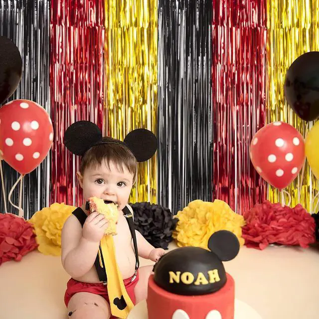 Alt view image 5 of 7 - Cartoon Mouse Foil Fringe Curtains, 3Pcs Mouse Birthday Party Decorations | Black Red Gold Birthday Party Backdrop, 3.3x6.6 ft Cute Mouse Photo Booth Props Metallic Backdrop Streamers for Boys Baby