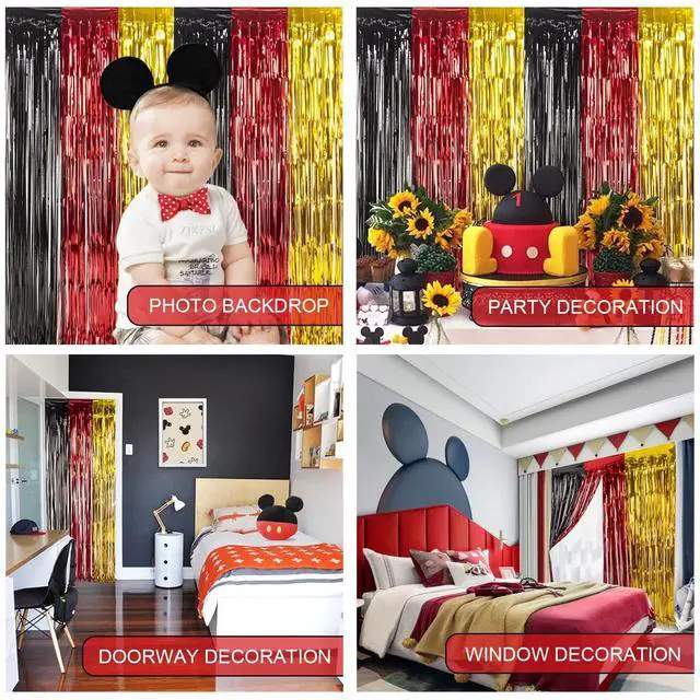 Alt view image 3 of 7 - Cartoon Mouse Foil Fringe Curtains, 3Pcs Mouse Birthday Party Decorations | Black Red Gold Birthday Party Backdrop, 3.3x6.6 ft Cute Mouse Photo Booth Props Metallic Backdrop Streamers for Boys Baby