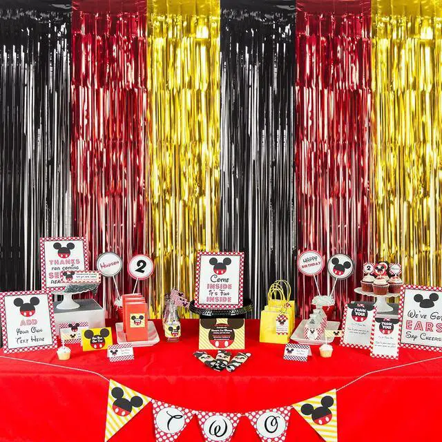 Alt view image 7 of 7 - Cartoon Mouse Foil Fringe Curtains, 3Pcs Mouse Birthday Party Decorations | Black Red Gold Birthday Party Backdrop, 3.3x6.6 ft Cute Mouse Photo Booth Props Metallic Backdrop Streamers for Boys Baby