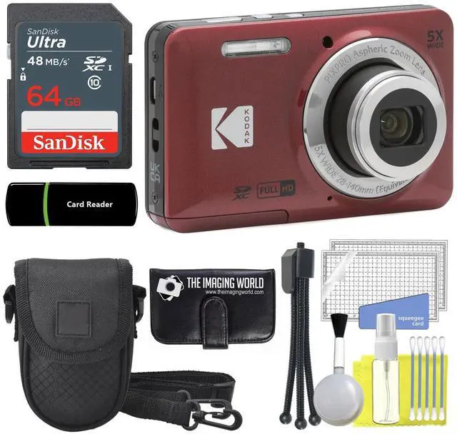 Main image of Kodak PIXPRO FZ55 Red 16MP Digital Camera 5X Optical Zoom 28mm Wide Angle 1080P Full HD Video 2.7" LCD Camera + 64GB Card and Reader + Case + Memory Wallet + Tripod + Cleaning Bundle