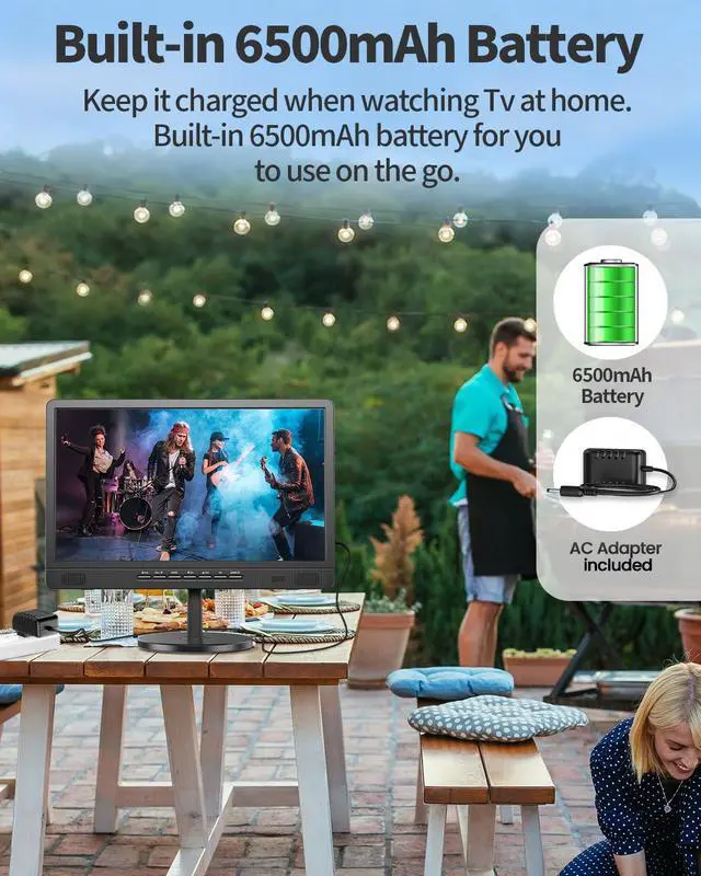 Alt view image 4 of 7 - 18.5" Portable TV with Antenna, 6500mAh Built-in Power Operated TV | 12 Volt Small TV Support HDMI/AV/USB/Headphone Jack Input, Portable TV for Camping, RV, Patio, Kitchen, Indoor, Outdoor