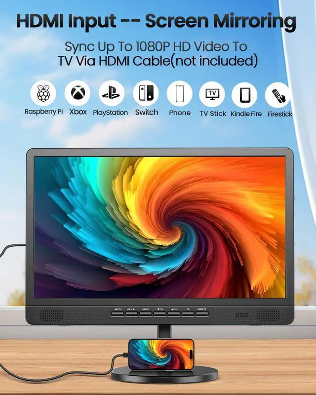 Alt view image 5 of 7 - 18.5" Portable TV with Antenna, 6500mAh Built-in Power Operated TV | 12 Volt Small TV Support HDMI/AV/USB/Headphone Jack Input, Portable TV for Camping, RV, Patio, Kitchen, Indoor, Outdoor