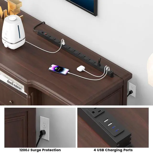 Alt view image 3 of 7 - Extra Long Desk Power Strip with USB C Ports, Black, 4FT | Extension Cord Multiple Outlets, Wide Spaced, Heavy Duty, Wall Flat Plug Extender, Garage Surge Protector, ETL Listed